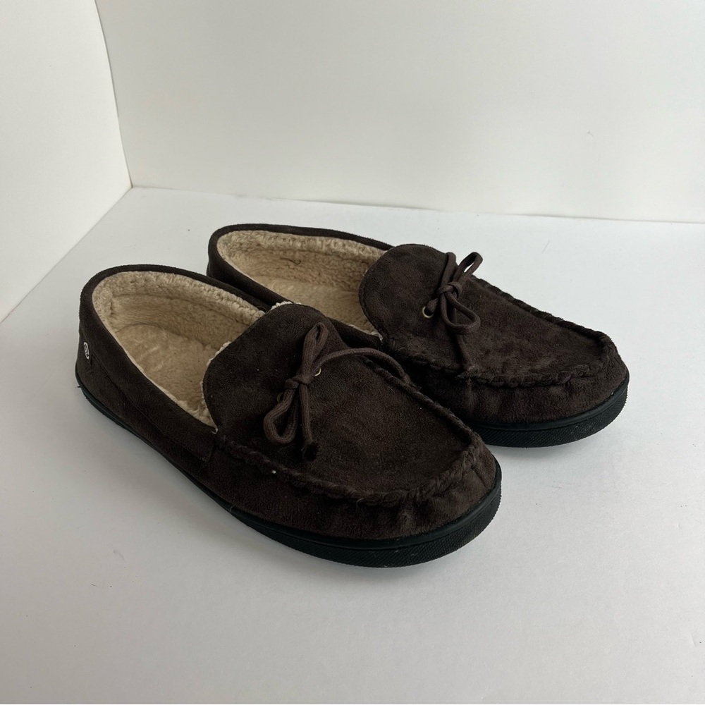 Isotoner Brown Microsuede Moccasin Slippers Mens Size 9.5-10.5 Faux Fur Washable
